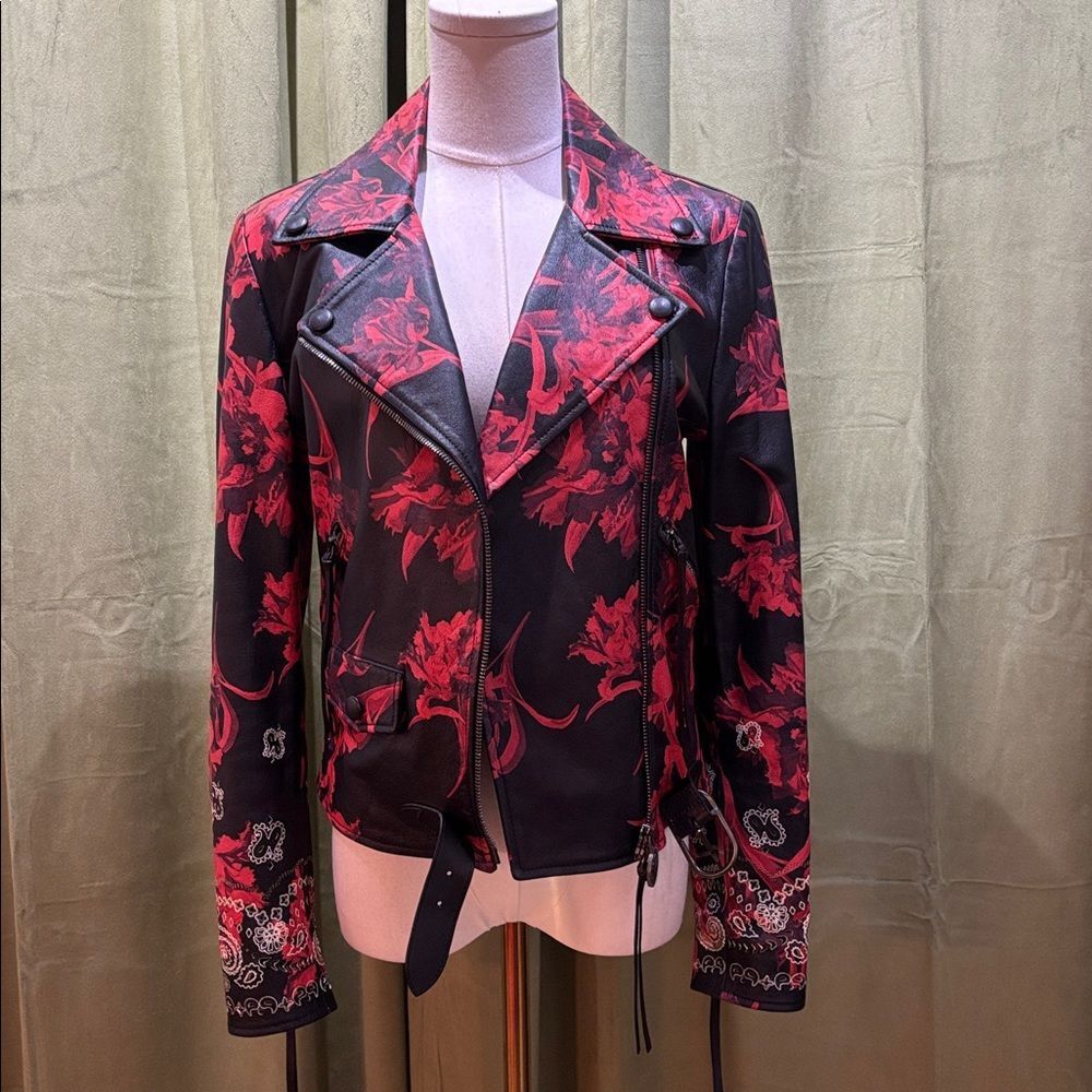 Roberto Cavalli Black and Red Floral Leather Jacket, XS